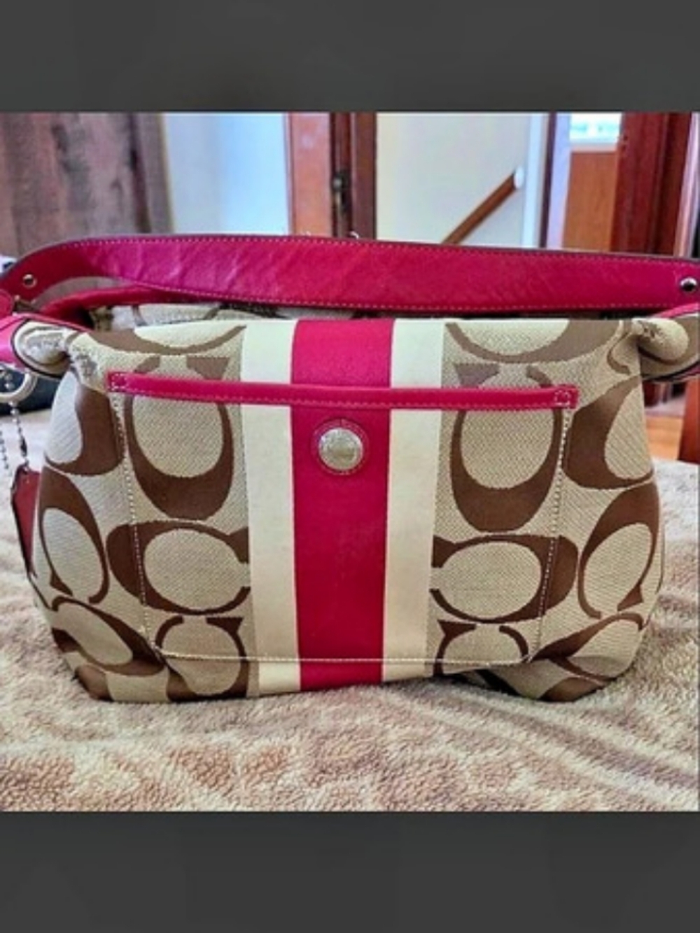 Coach Signature Stripe Carryall Tote Shoulder Bag Brown & Pink